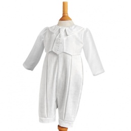 Baby Boys White Long Sleeved Christening Romper with Cross Tie